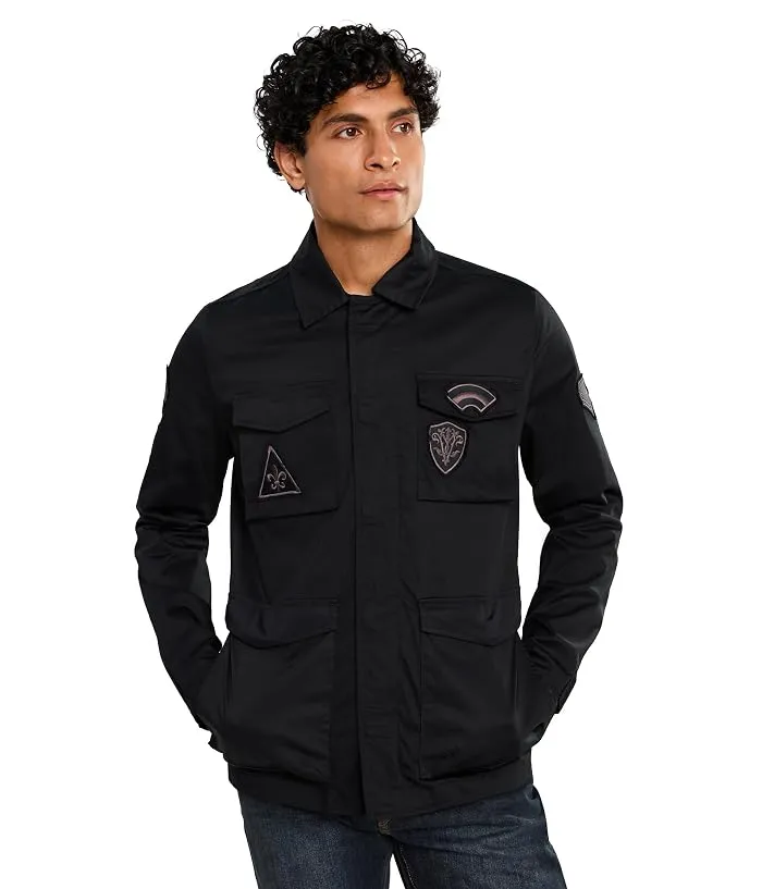 Man wearing the John Varvatos Kade field jacket in black with chest patch pockets