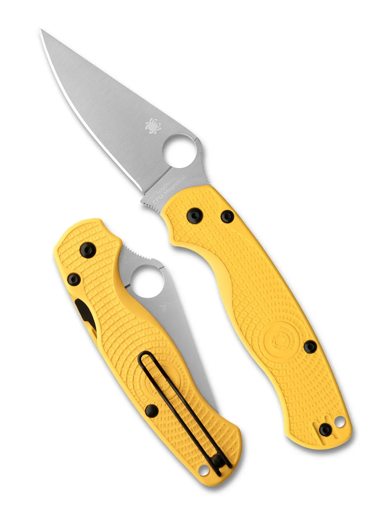 Spyderco Para Military 2 Lightweight Salt MagnaCut with yellow FRN handle, open and closed