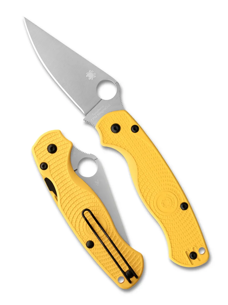 Spyderco Para Military 2 Lightweight Salt MagnaCut with yellow FRN handle, open and closed