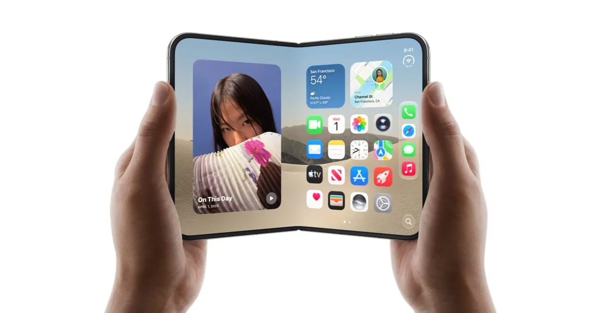 Apple iPhone Duo held open in two hands, showing the 7.6-inch inner display
