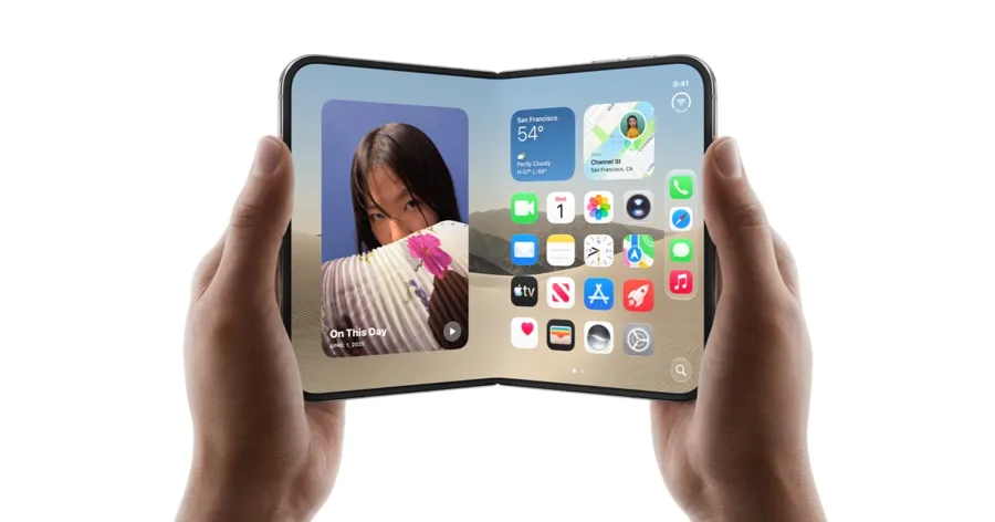 Apple iPhone Duo held open in two hands, showing the 7.6-inch inner display