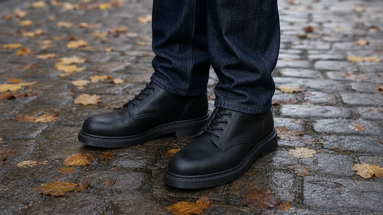 Straight dark jeans resting on chunky black leather boots on wet cobblestones