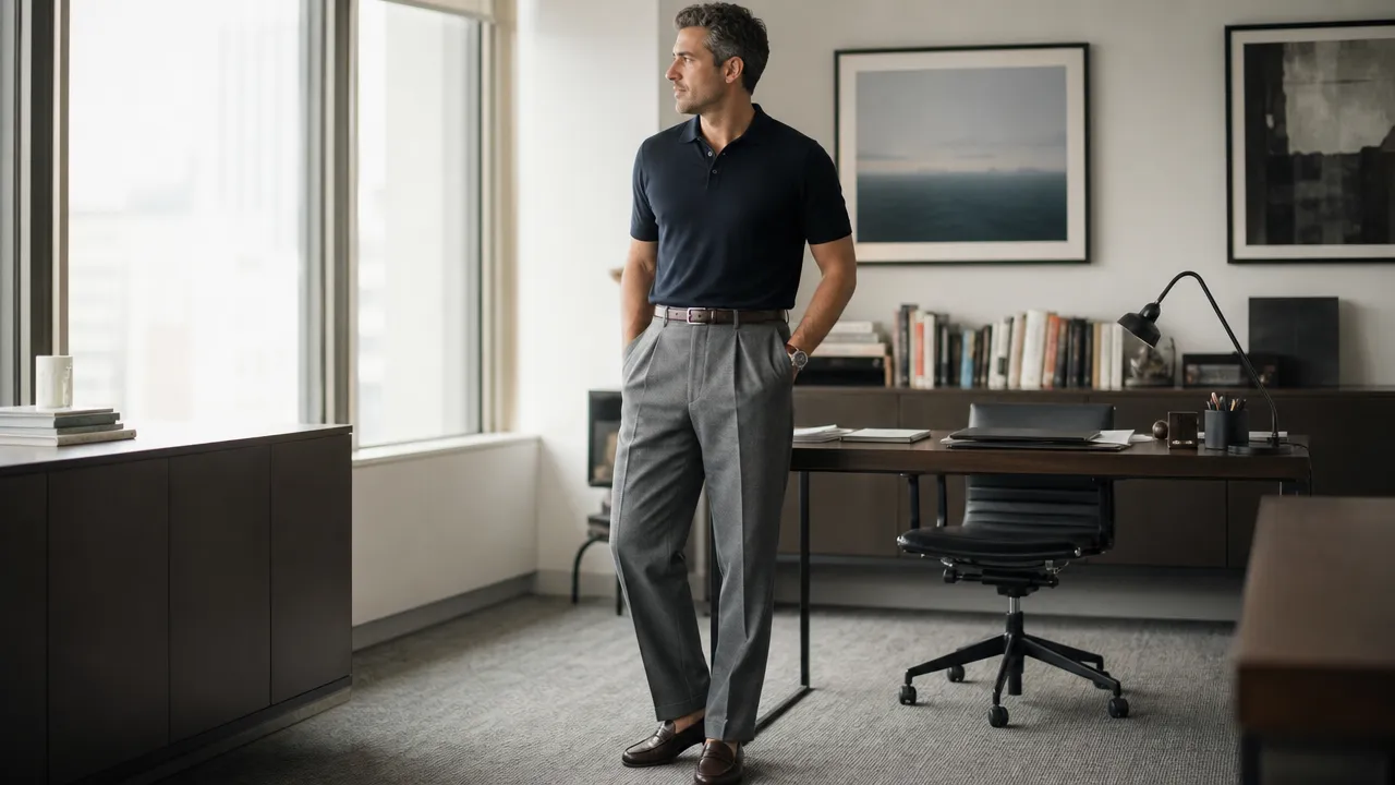 Man in high-rise pleated grey wool trousers and a tucked navy knit polo in an office