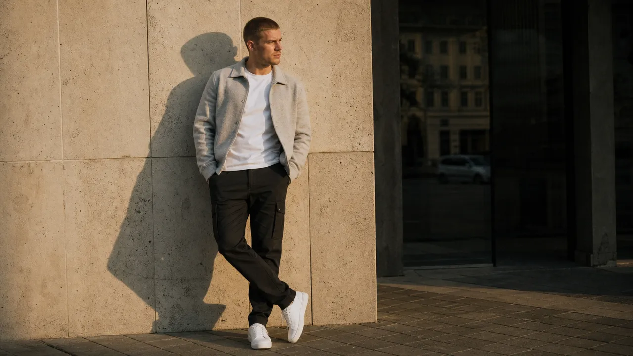Man in straight black cargo pants, white T-shirt, grey overshirt and white sneakers against a concrete wall