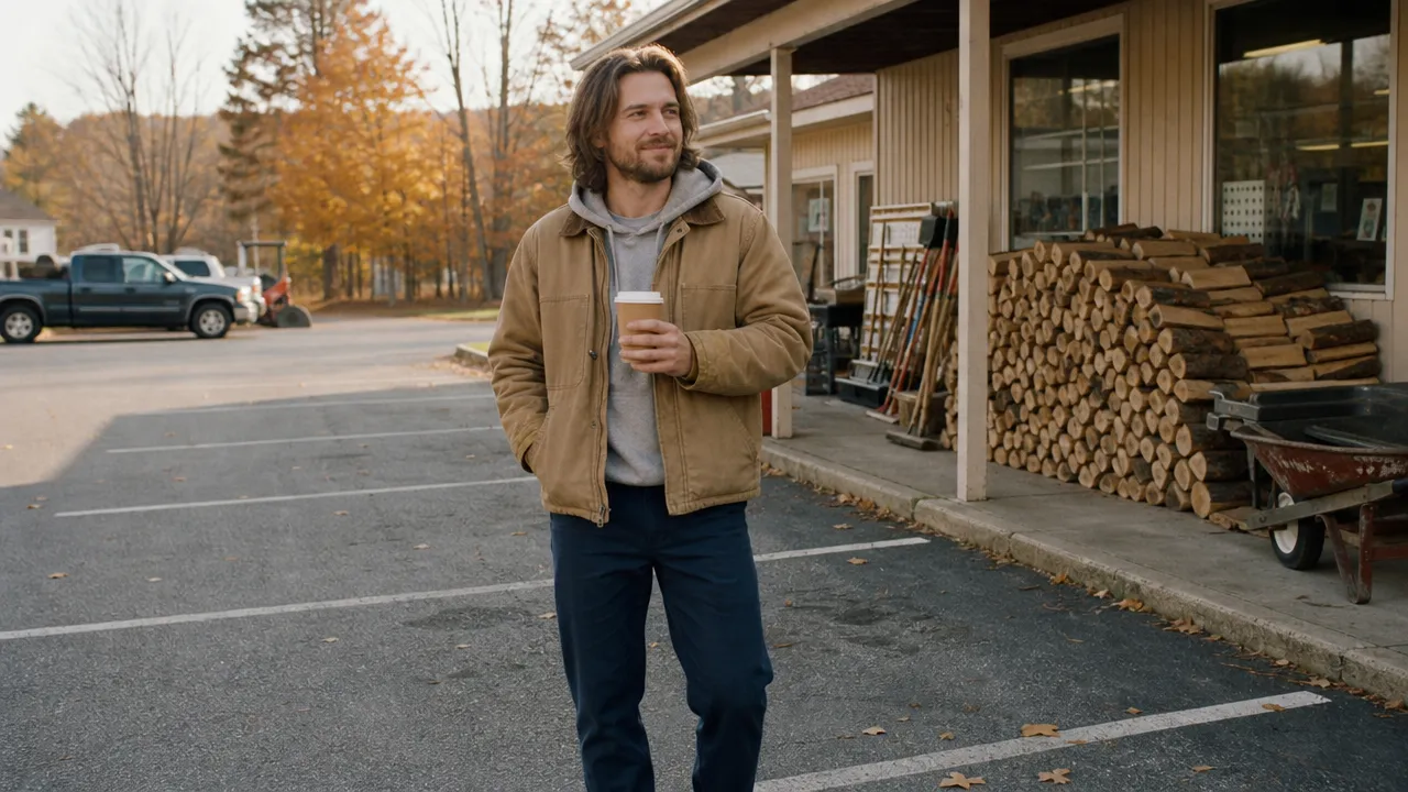 Man in a tan duck-canvas work jacket over a grey hoodie with navy work pants