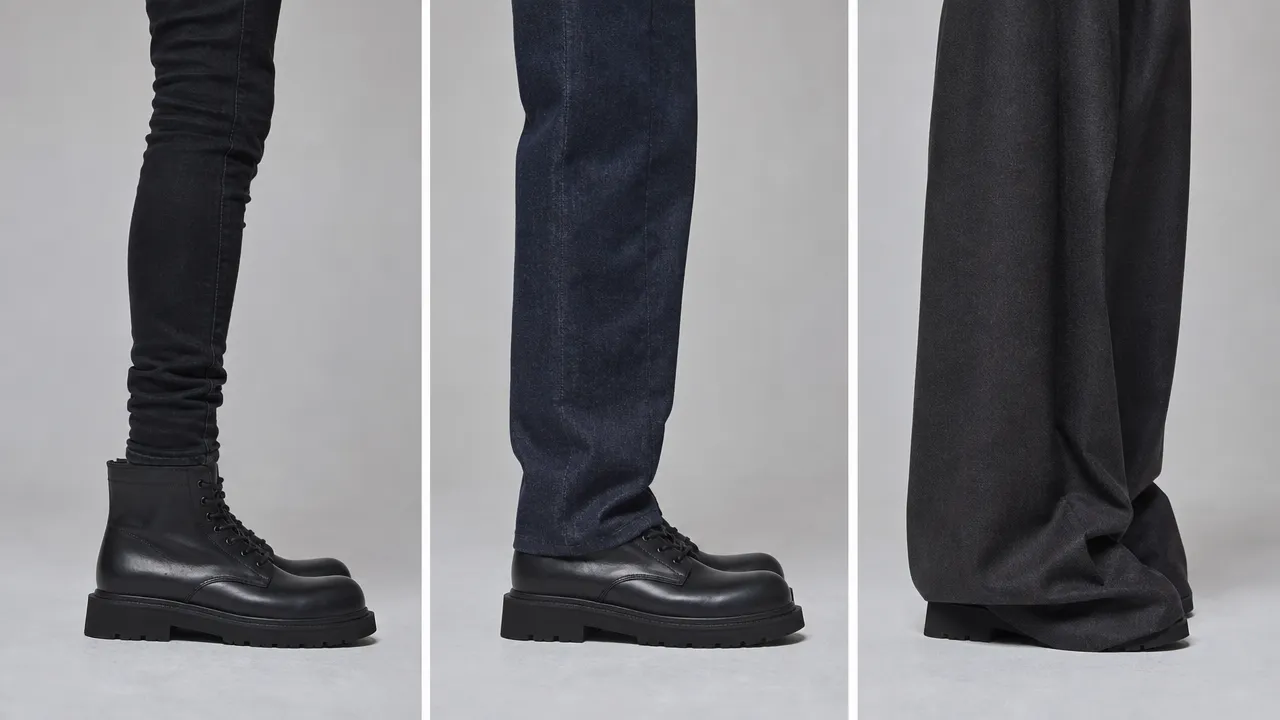 Three ways trousers meet a chunky boot: skinny jeans, straight jeans with a small break, and very wide trousers