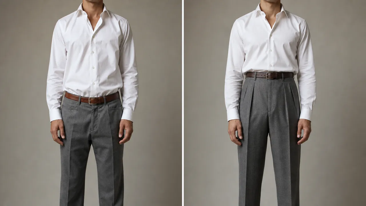 Low-rise slim trousers compared with high-rise double-pleated wool trousers