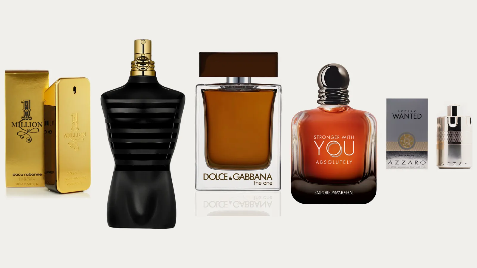 Rabanne 1 Million, Jean Paul Gaultier Le Male Le Parfum, Dolce&Gabbana The One, Emporio Armani Stronger With You Absolutely and Azzaro Wanted