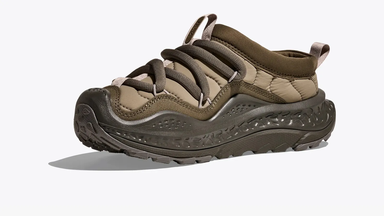 Hoka Ora Primo slip-on recovery shoe in a taupe and olive colorway, three-quarter view