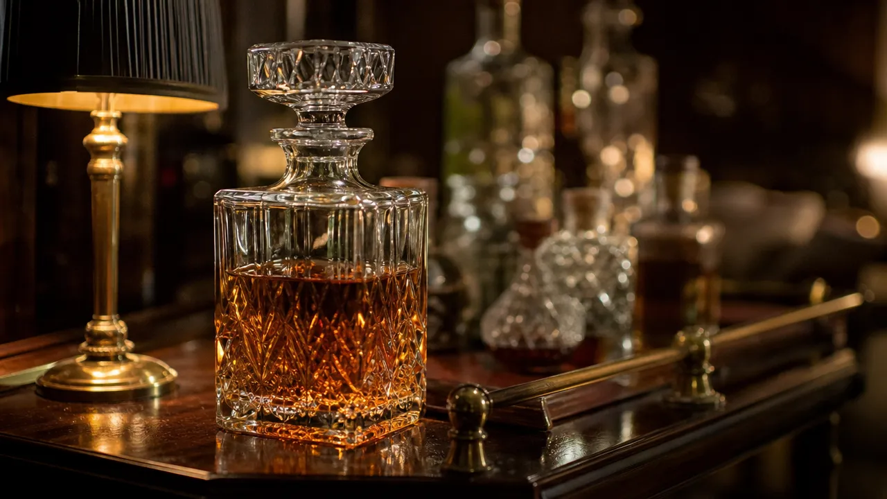 Crystal decanter with amber spirit on a dark wood bar cart, lit by a warm lamp