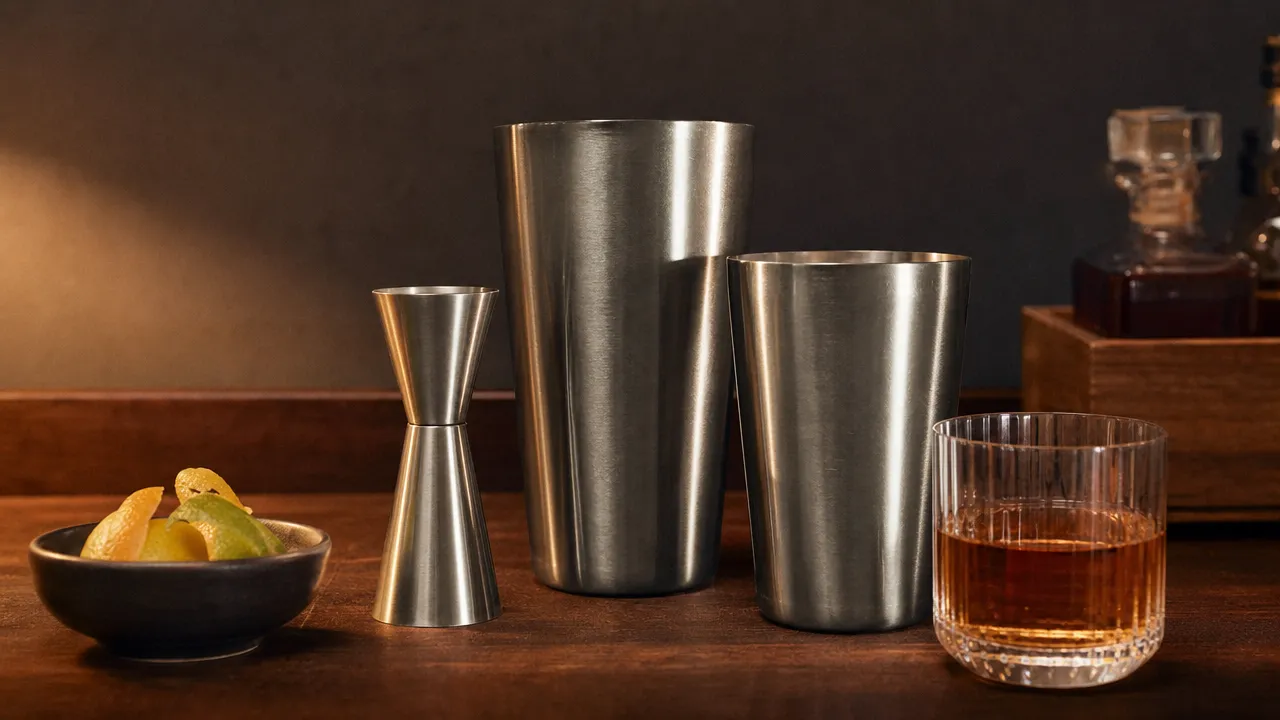 Stainless steel jigger and two shaker tins beside a bowl of citrus peels and a glass of amber spirit on a dark wood counter