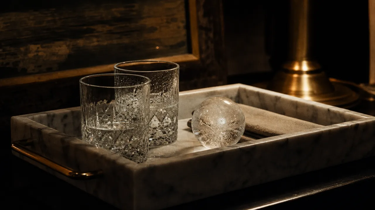 Two cut-crystal rocks glasses and a large clear ice sphere on a marble tray at night
