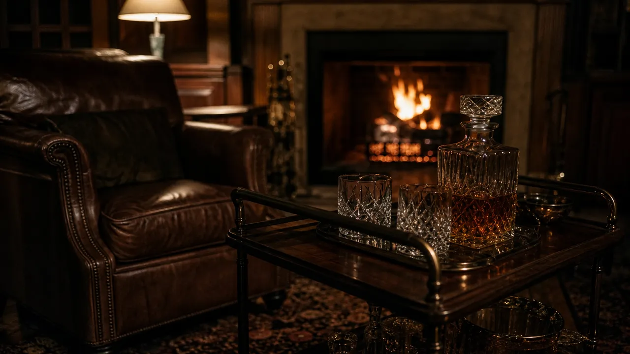 A leather armchair beside a lit fireplace, with a bar cart holding glassware and a decanter in the foreground