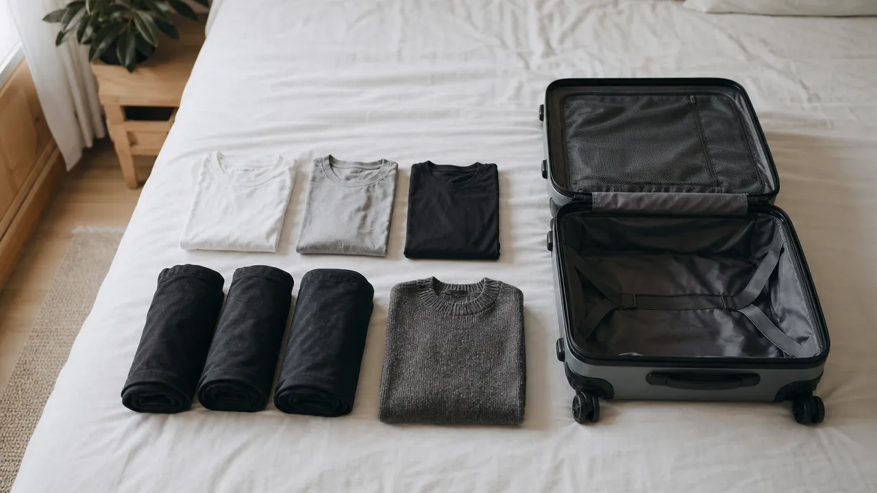 Folded and rolled clothing laid out in tidy rows next to an open carry-on suitcase on a bed