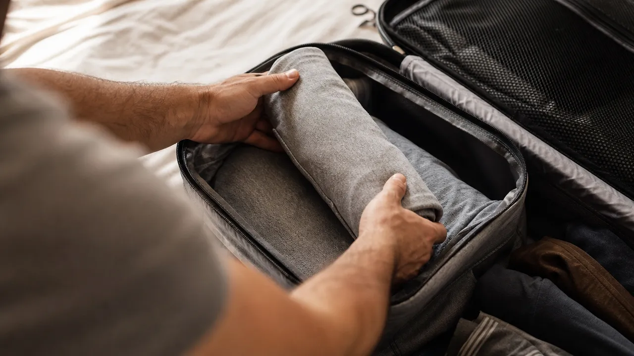 Close-up of hands packing a rolled sweater into an open fabric packing cube inside a suitcase