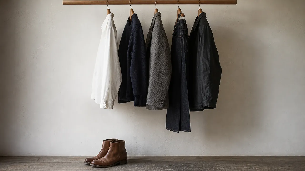 Five coordinating garments hanging on a rod above a pair of leather boots