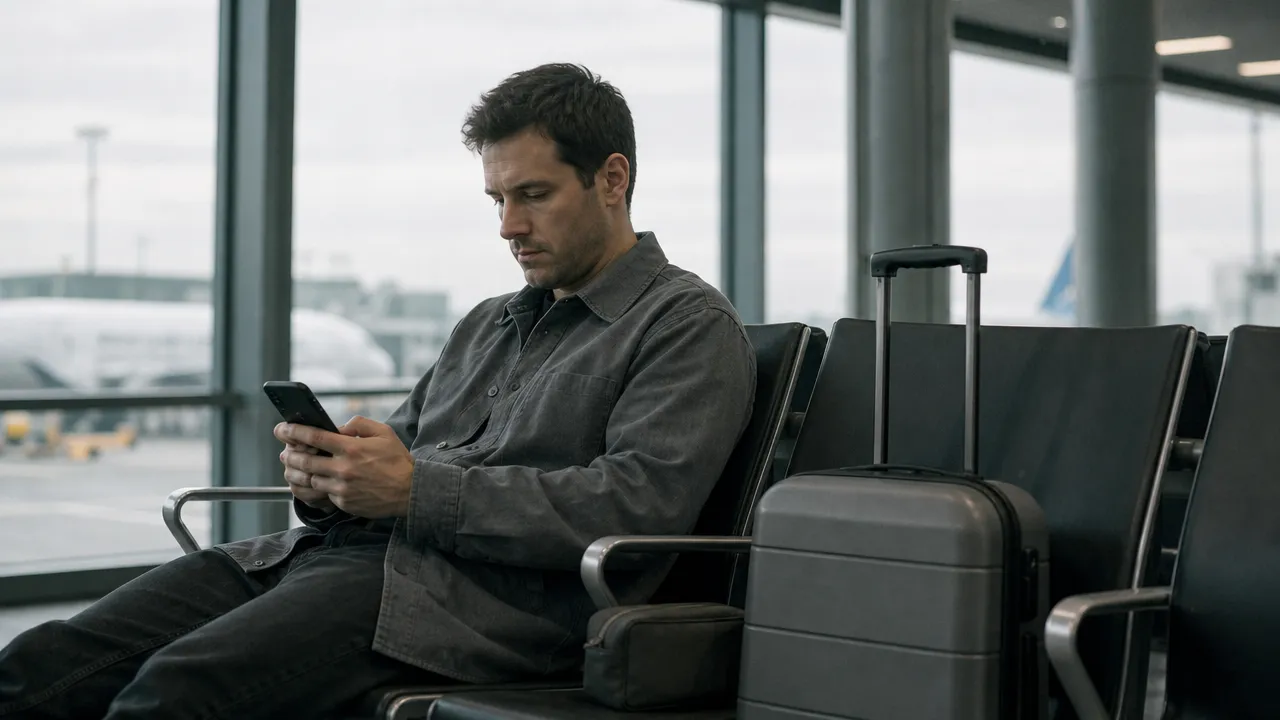 Man seated at an airport gate checking his phone next to a packed carry-on suitcase