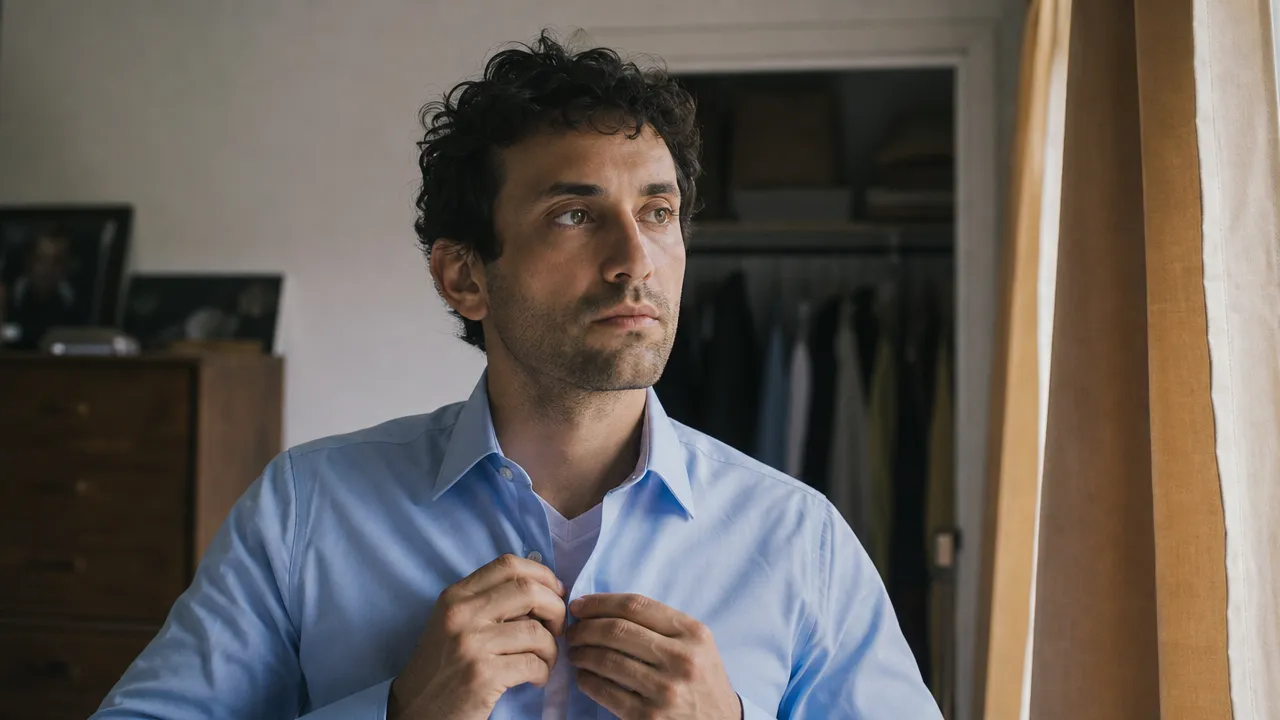 Man buttoning a light blue dress shirt over a white v-neck undershirt
