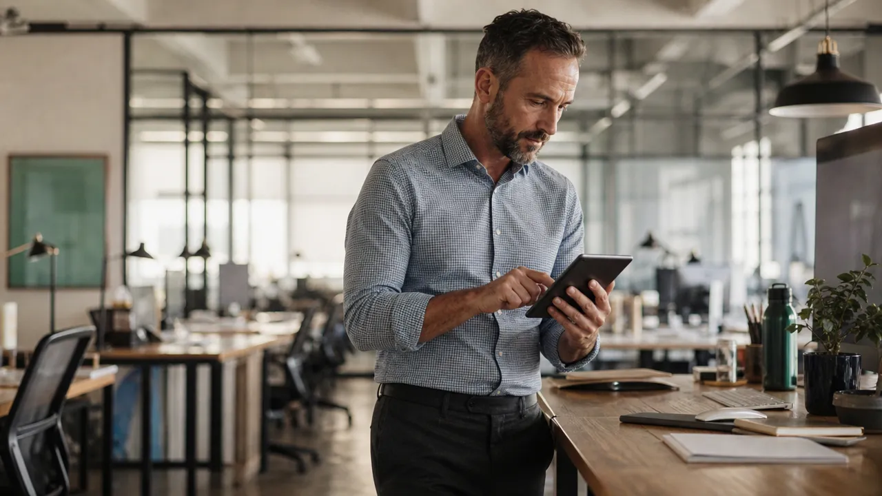 Man in a blue micro-check dress shirt with rolled sleeves reviewing a tablet in an open-plan office