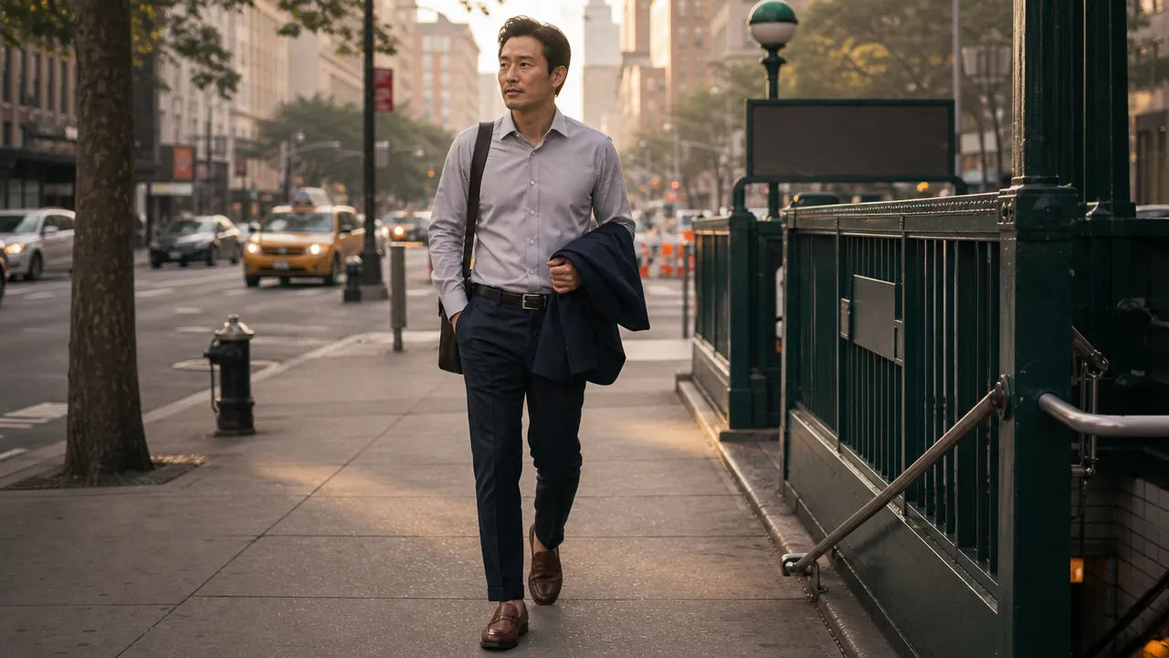 Man walking to work on a city sidewalk with a navy blazer over his arm