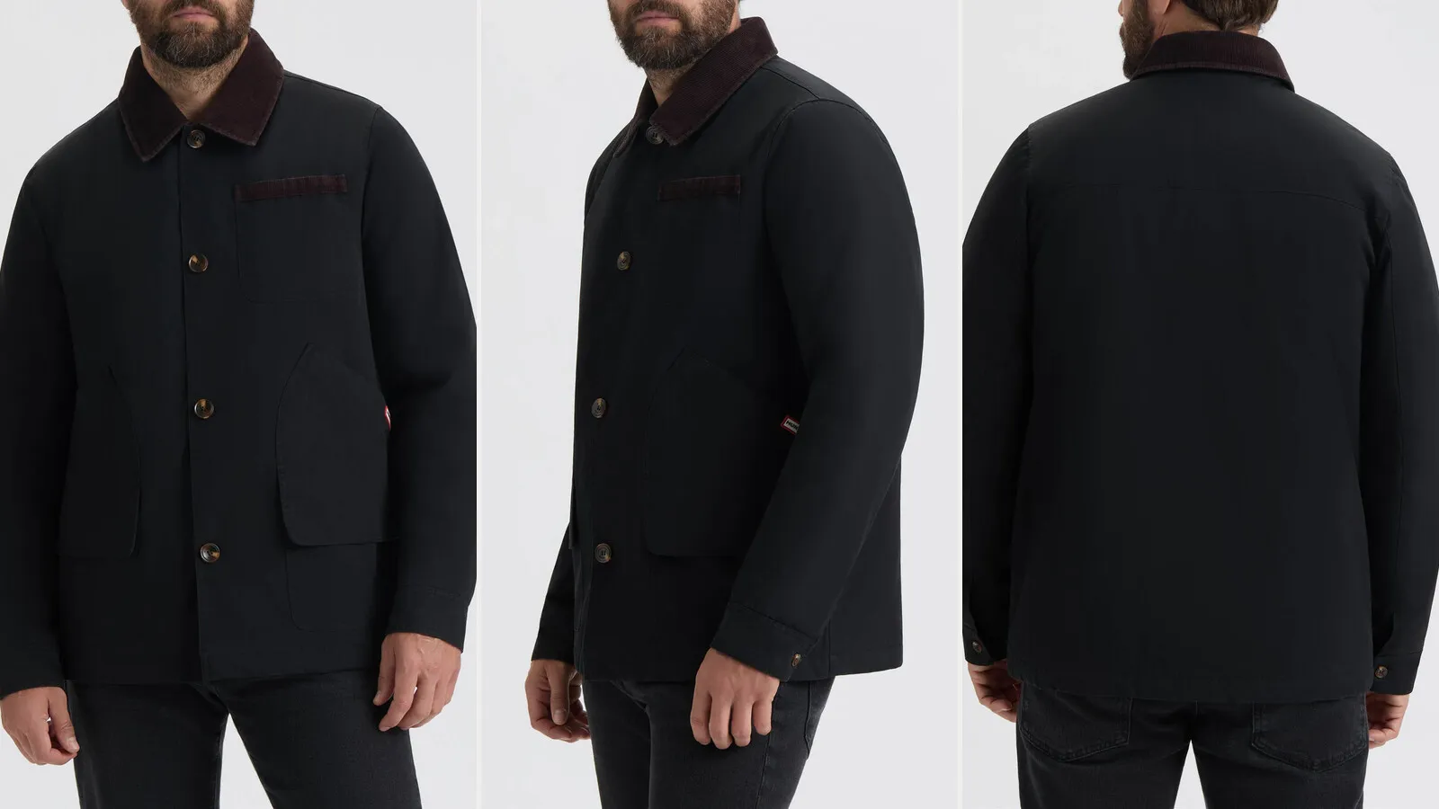 Hunter water-repellent canvas barn jacket in black with a dark brown ribbed collar