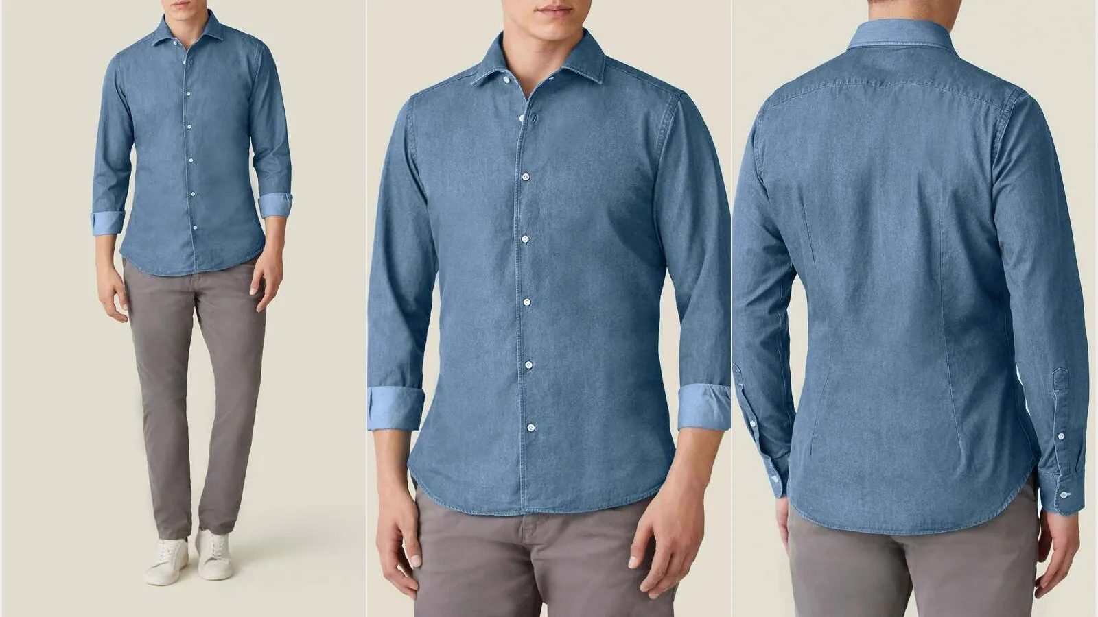 Luca Faloni Classic Blue denim shirt worn with grey trousers