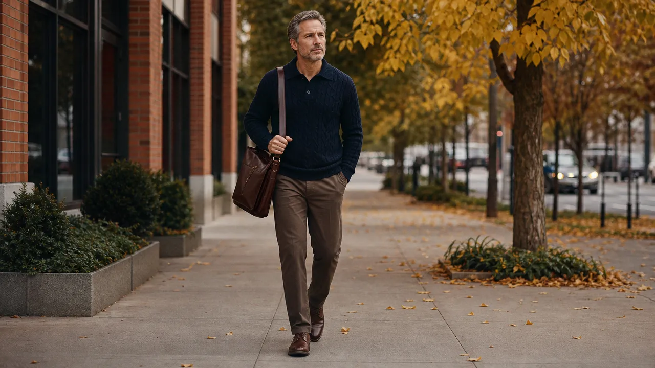 Man in a navy cable-knit polo sweater, mocha trousers and dark brown derby shoes walking down a city sidewalk