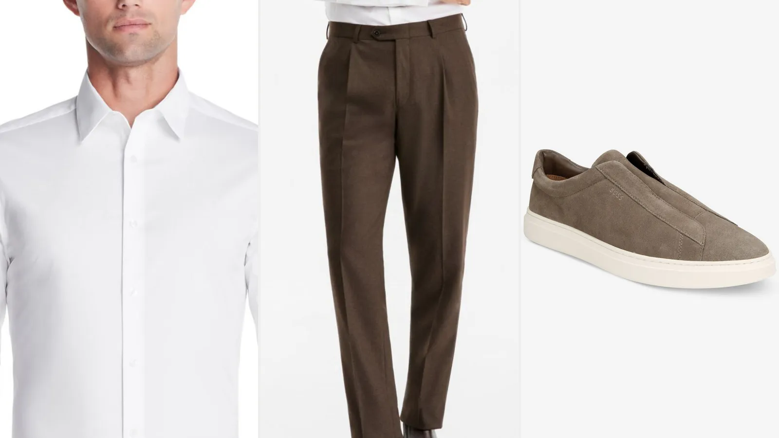 Friday outfit: white dress shirt, mocha pleated trousers and beige laceless sneakers