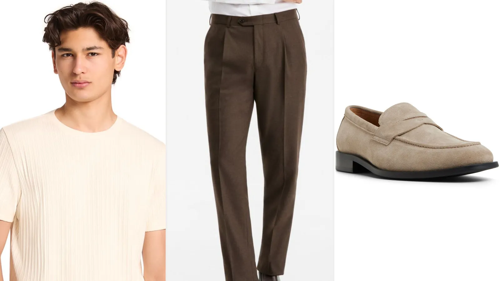 Monday outfit: bone ribbed tee, mocha pleated trousers and taupe suede loafers