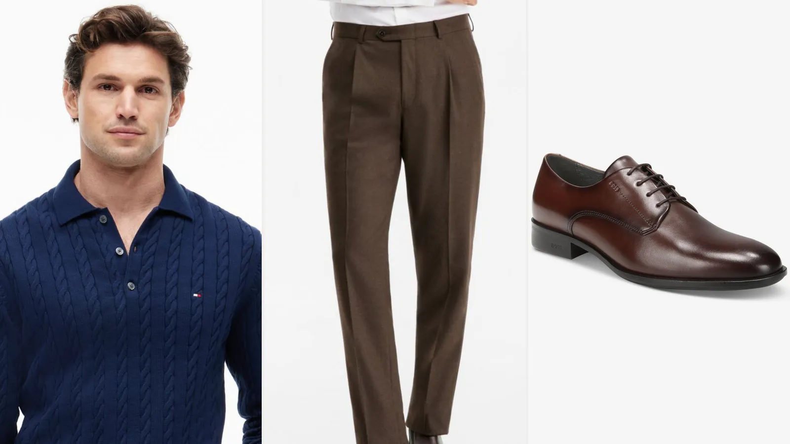 Thursday outfit: navy cable-knit polo, mocha pleated trousers and dark brown derby shoes