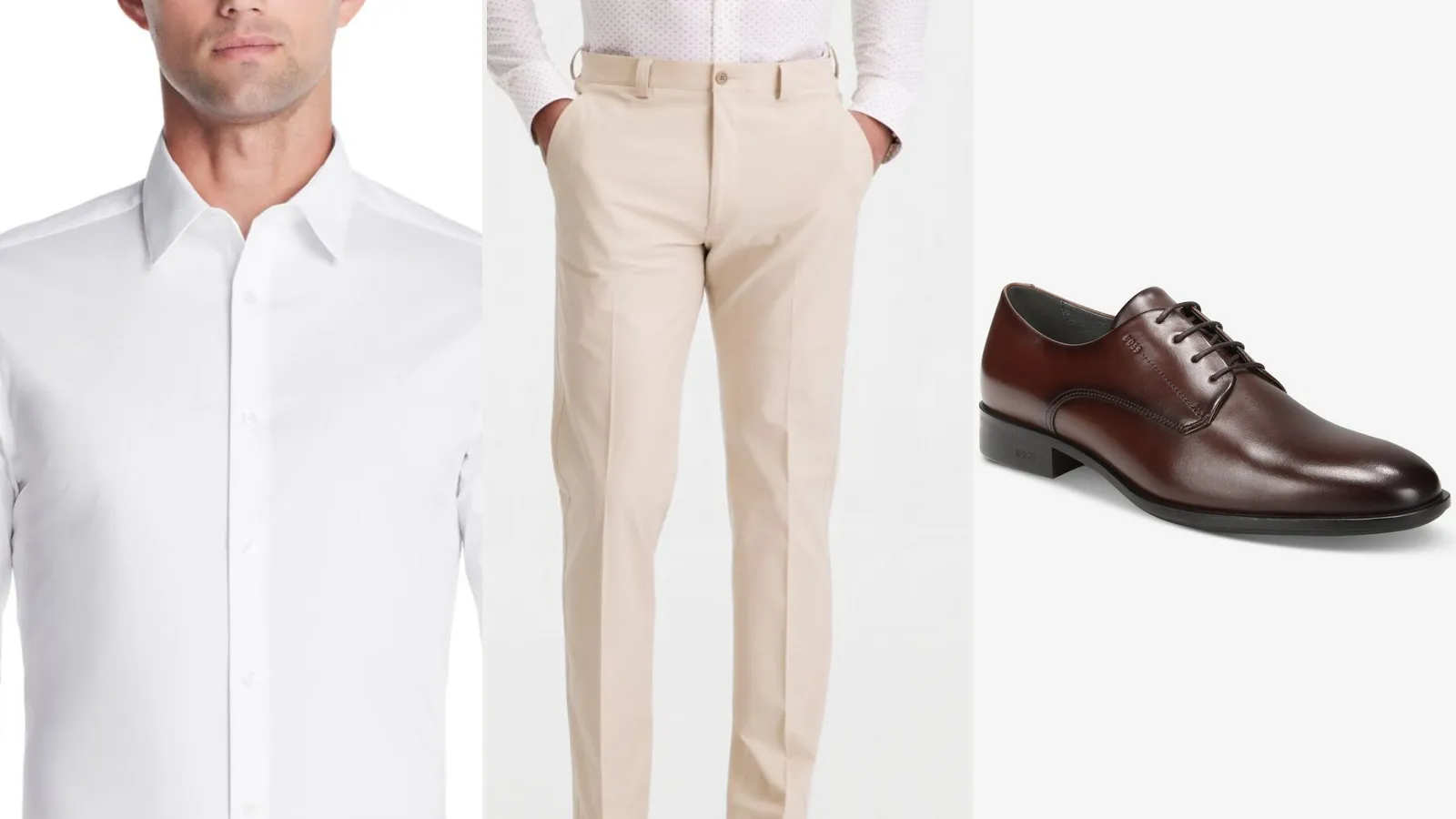 Tuesday outfit: white dress shirt, tan slim pants and dark brown derby shoes