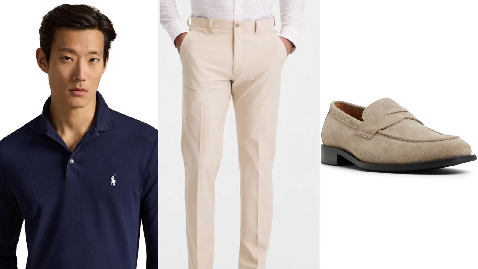 Wednesday outfit: navy polo, tan slim pants and taupe suede loafers