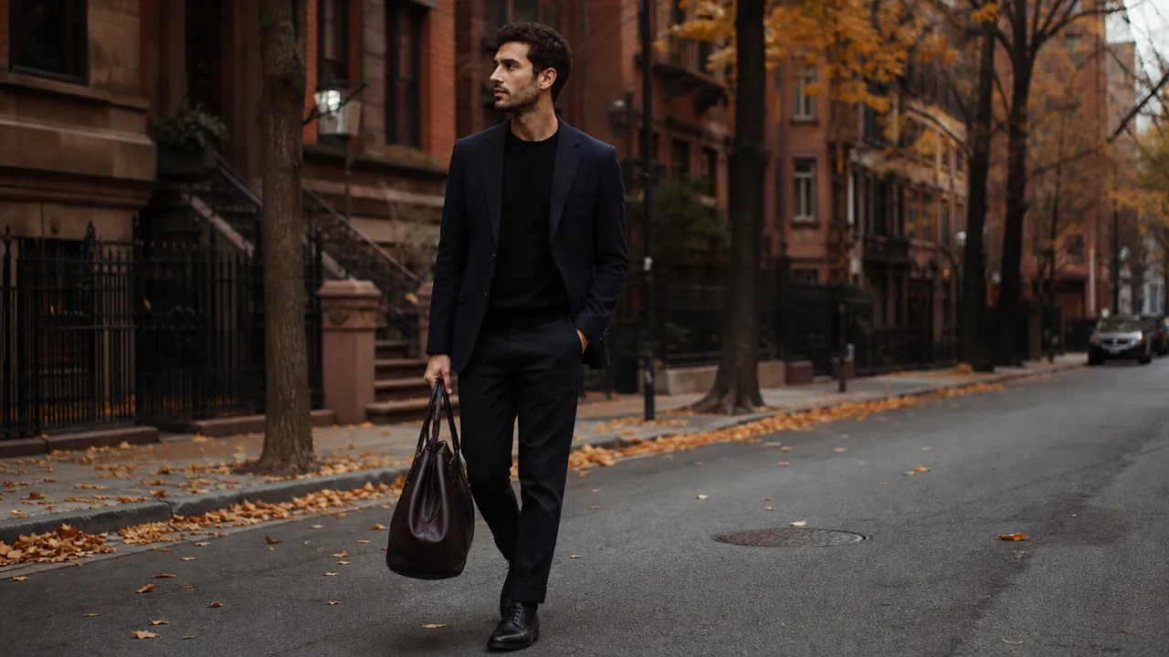 Man in a navy blazer and dark knitwear walking through a city street in autumn