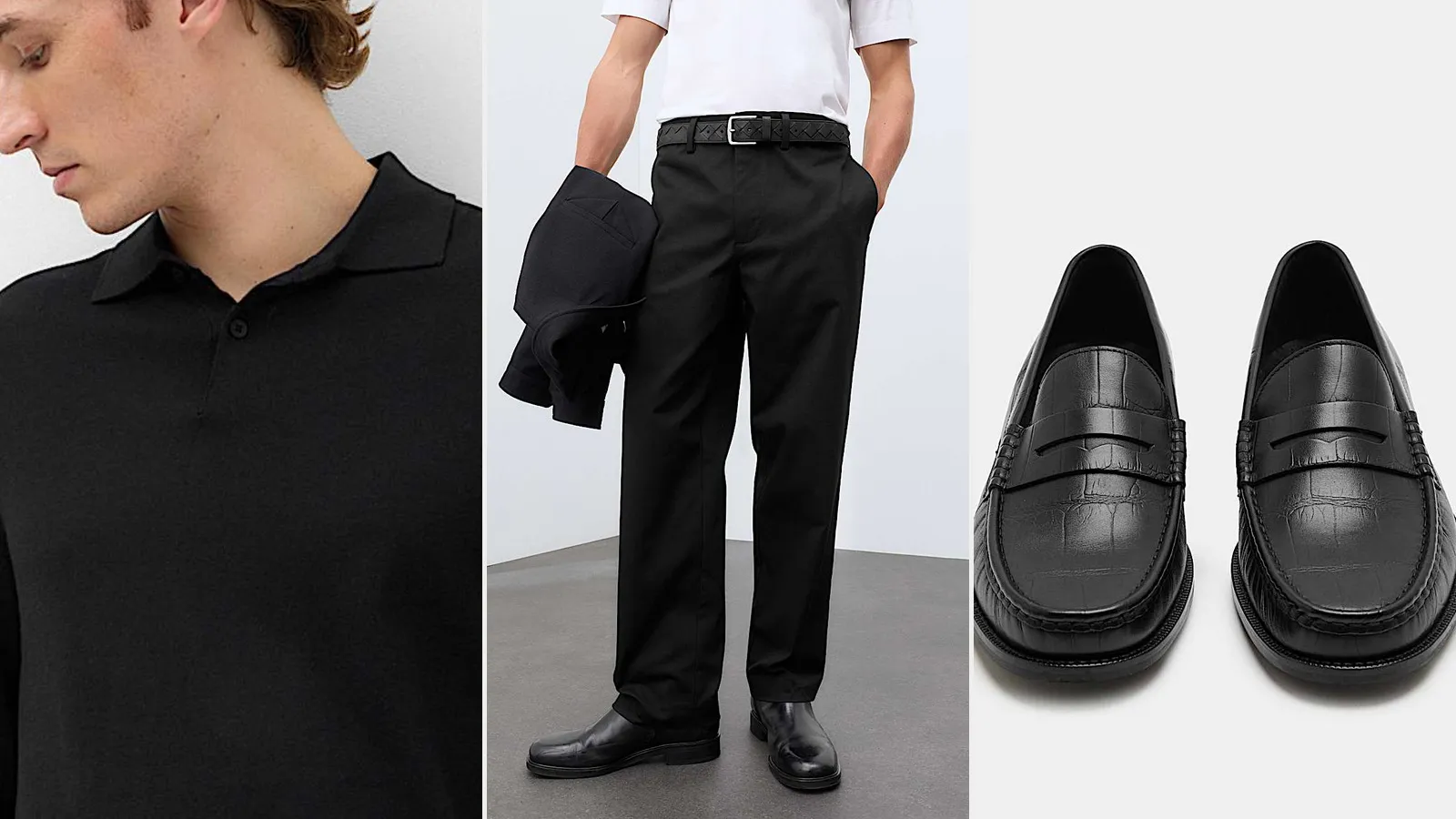 Friday outfit: black knitted polo, black pleated trousers and black loafers