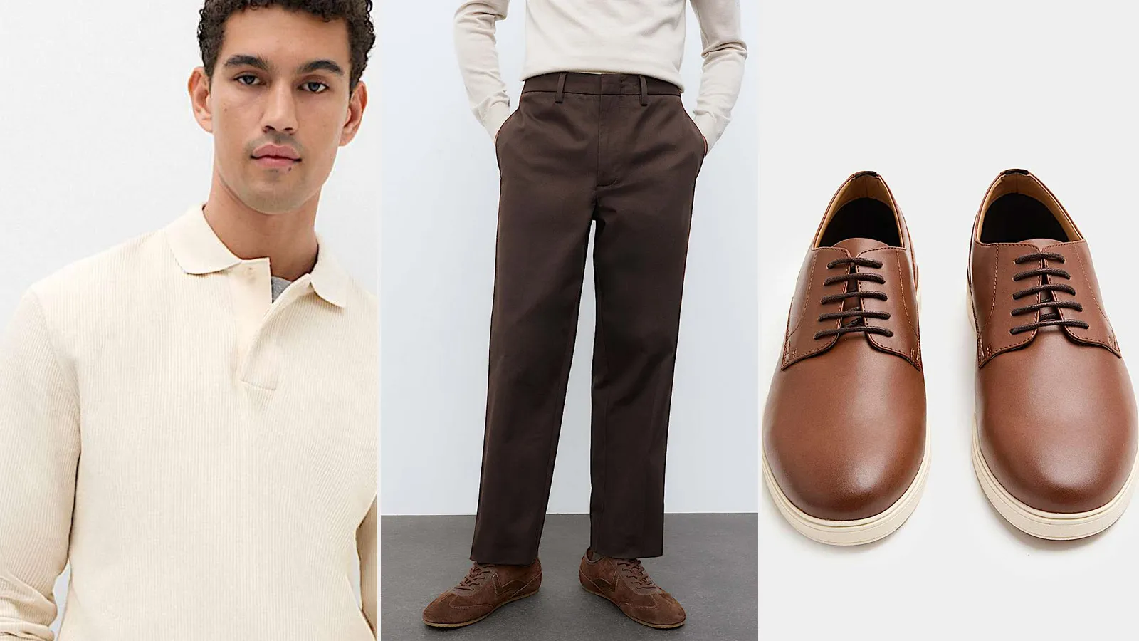 Monday outfit: ecru ribbed polo, bitter chocolate pleated trousers and tan derby shoes