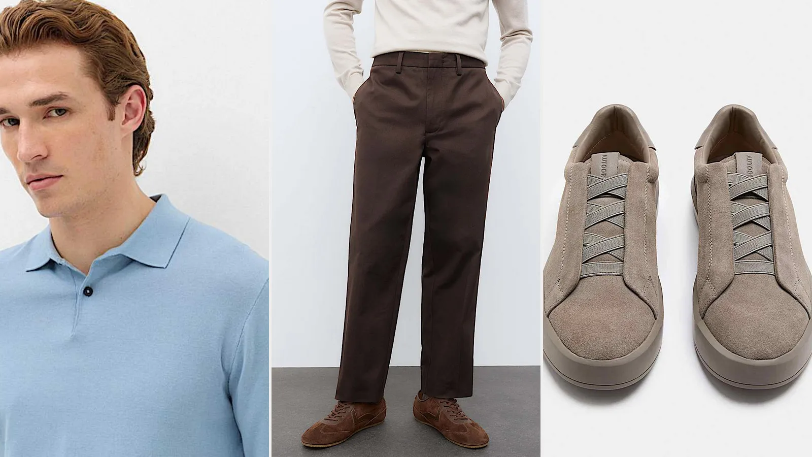 Thursday outfit: light blue knitted polo, bitter chocolate pleated trousers and taupe suede trainers