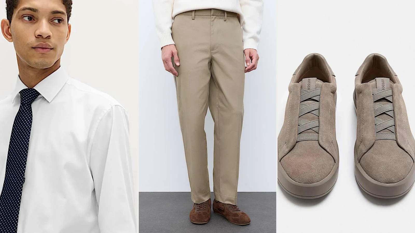 Tuesday outfit: white Supima shirt, sable pleated trousers and taupe suede trainers