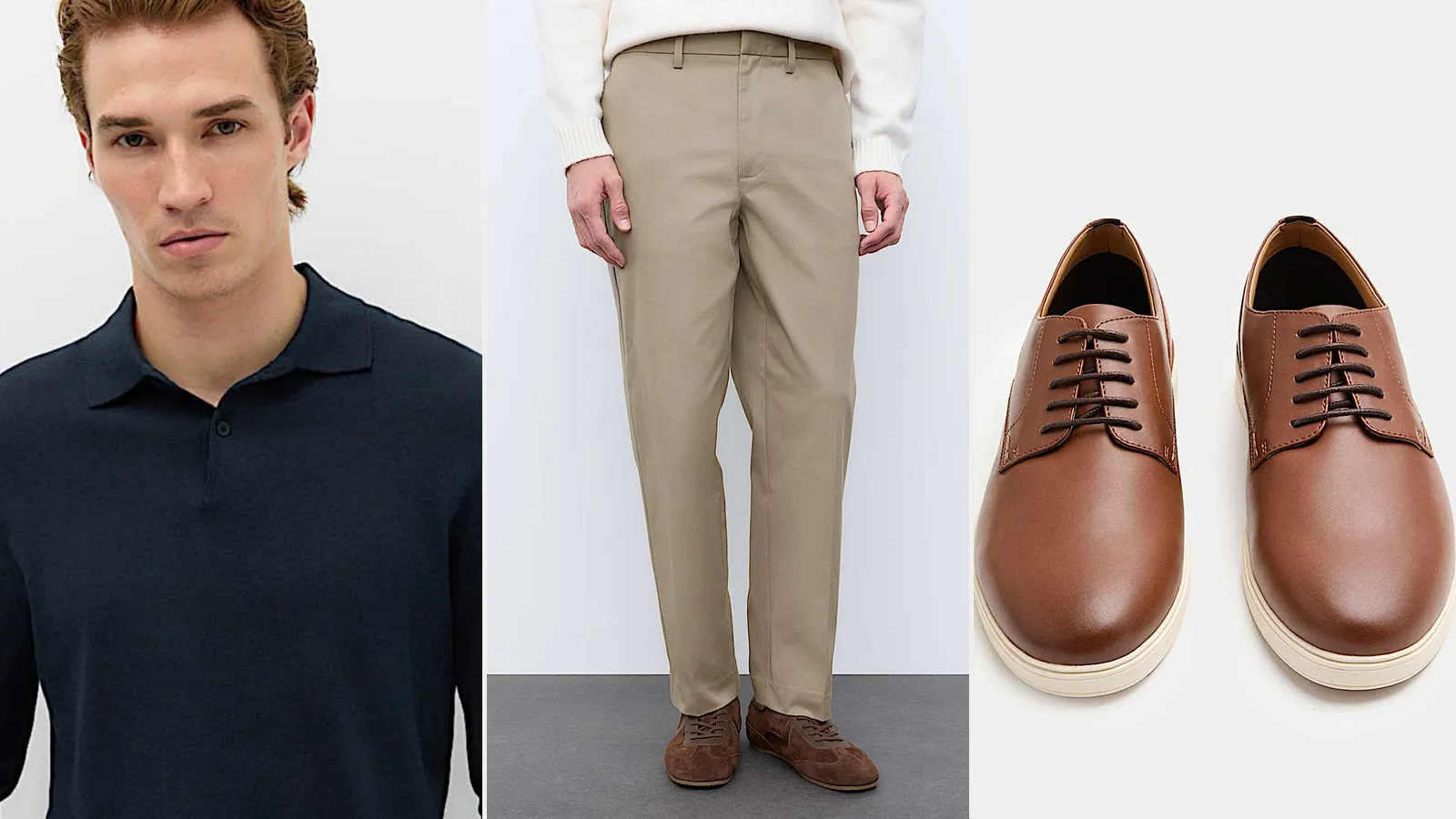 Wednesday outfit: navy knitted polo, sable pleated trousers and tan derby shoes