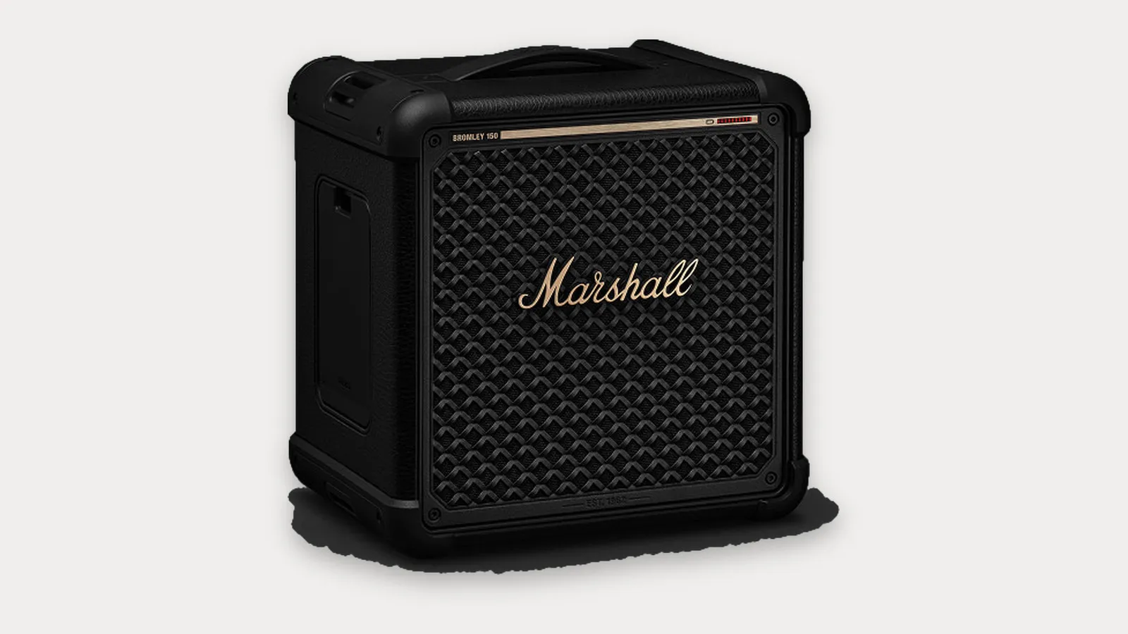 Marshall Bromley 150 party speaker in black and brass, three-quarter view