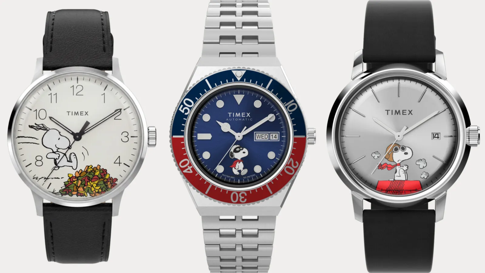 Three Peanuts x Timex Snoopy watches: Waterbury Classic, M79 Automatic and Marlin Flying Ace