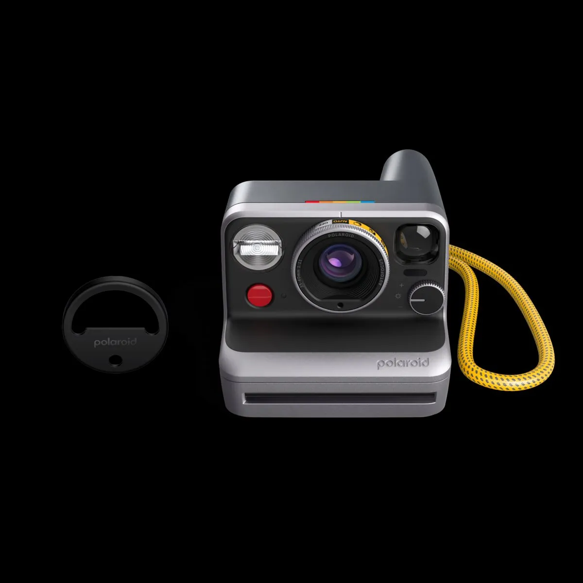 Polaroid Mod camera with its split filter accessory and yellow wrist strap