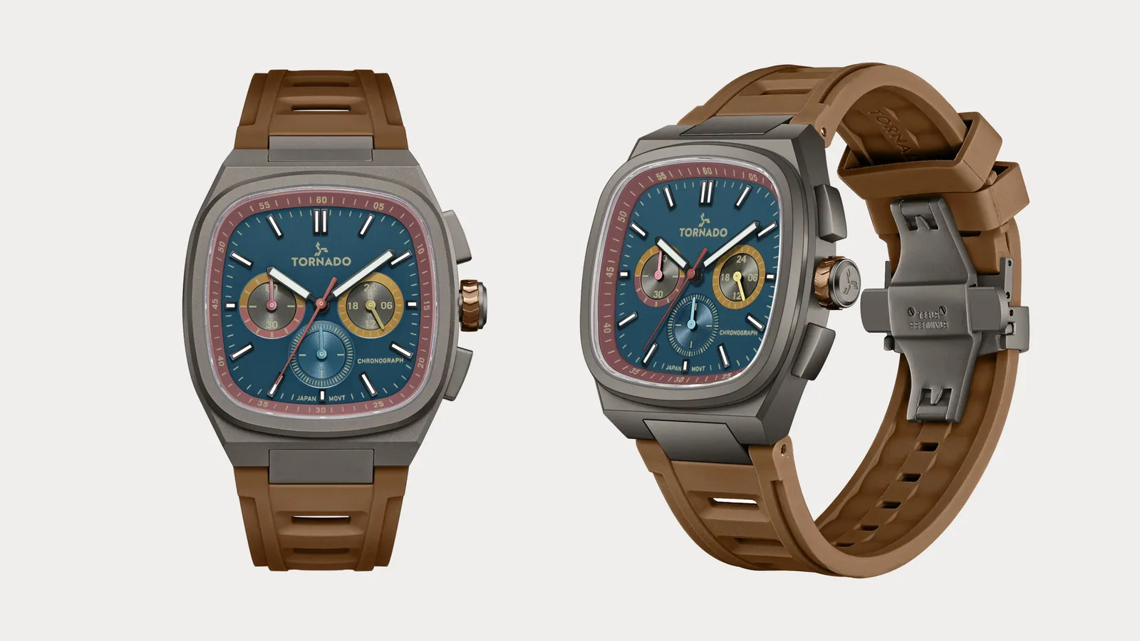 Tornado Aristocrate Chronograph with a teal dial, raspberry track and tan rubber strap, front and three-quarter views